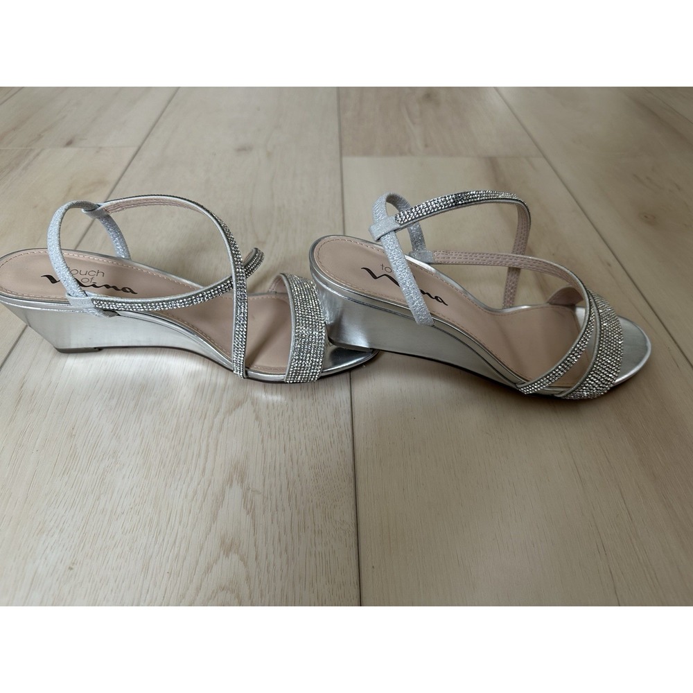 Nina Strappy Wedge Sandal Silver Rhinestone Buckle Ankle Strap US 8M EU 38 - Picture 2 of 7